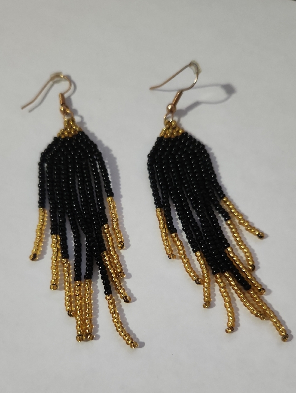 Gold and Black Seed Bead Fringe Drop Earrings